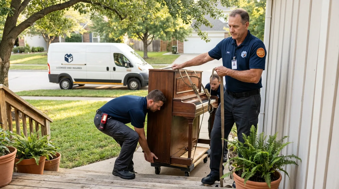 Licensed piano movers securing grand piano in Aberdeen, MD