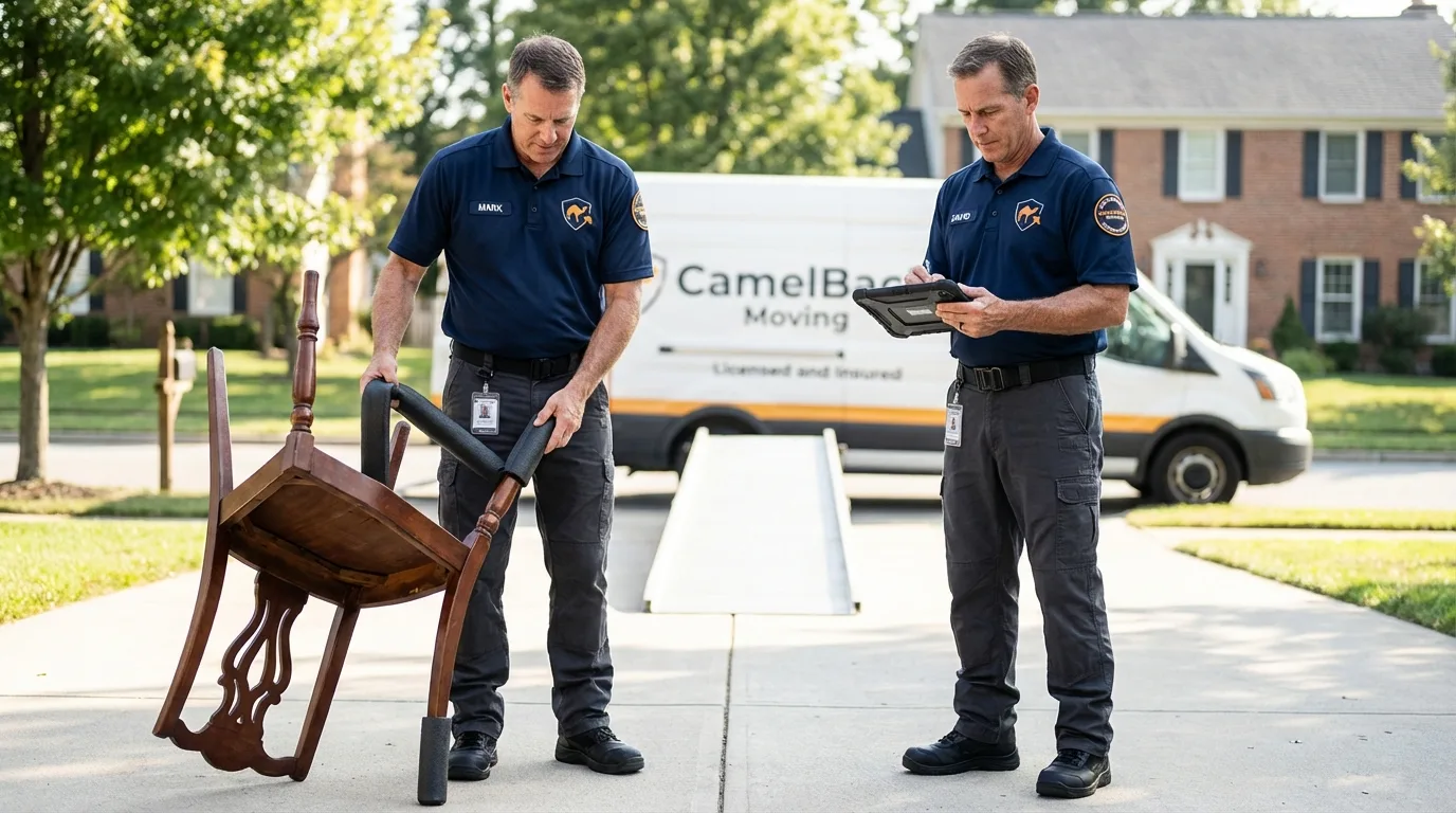 Movers inspecting furniture for damage prevention before loading in Aberdeen, MD