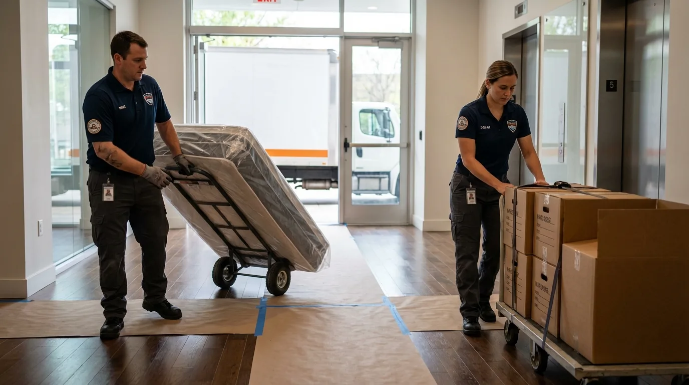 Professional apartment movers loading elevator in Aberdeen, MD